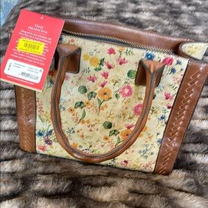 Patricia Nash Cream and Brown Floral Tote with Leather Handles